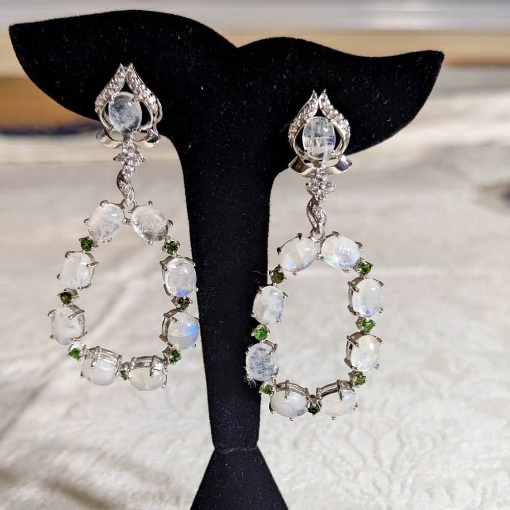 PROM IDEA - Earrings Moonstone with Diopside highlights set in sterling silver
